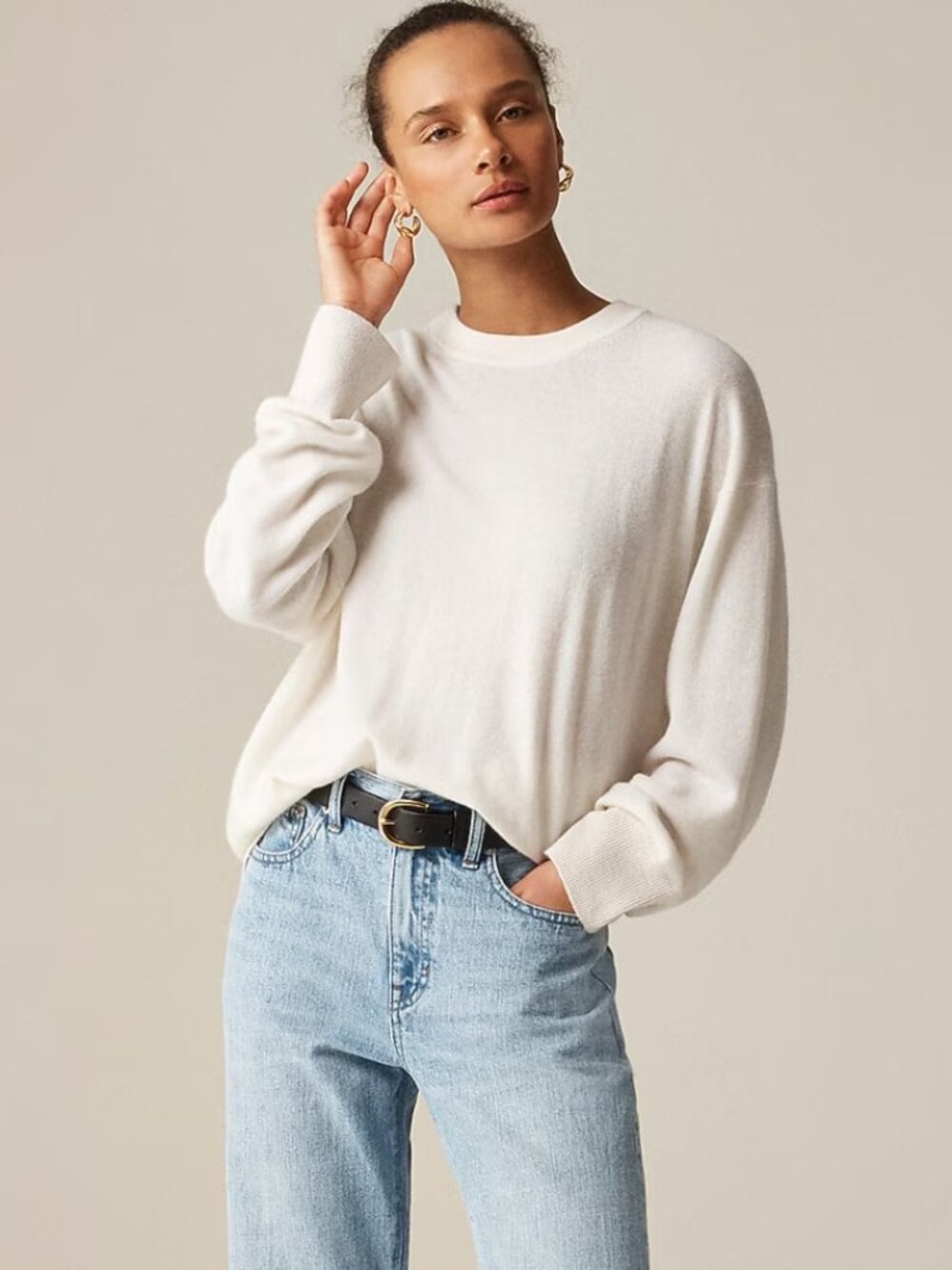 NWT J.Crew Cashmere Relaxed Crewneck Sweater in Snow Ivory Knit Pullover L